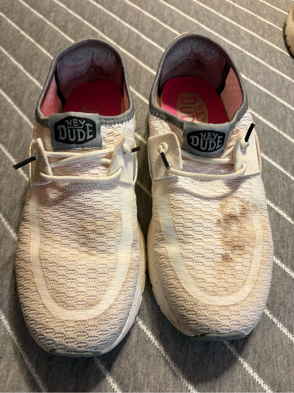 Hey Dude White Knit Slip-On Sneakers with Pink Insoles